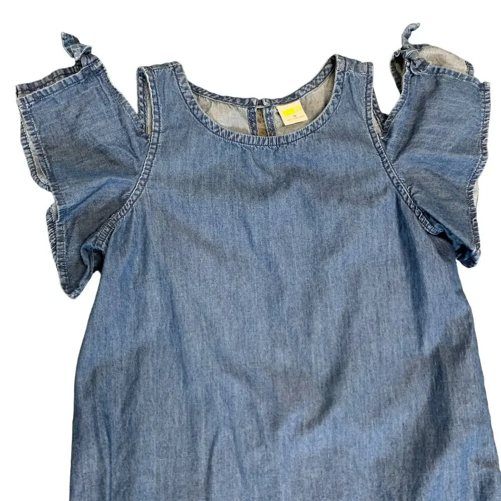 Crazy 8 Girls Chambray Denim Ruffled Aline Dress Cold Shoulder SZ 10 Cotton Blue